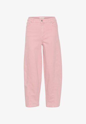 Jean large en denim rose clair avec une taille haute, fermeture par bouton à l'avant et deux poches latérales. Détails cousus le long des coutures.