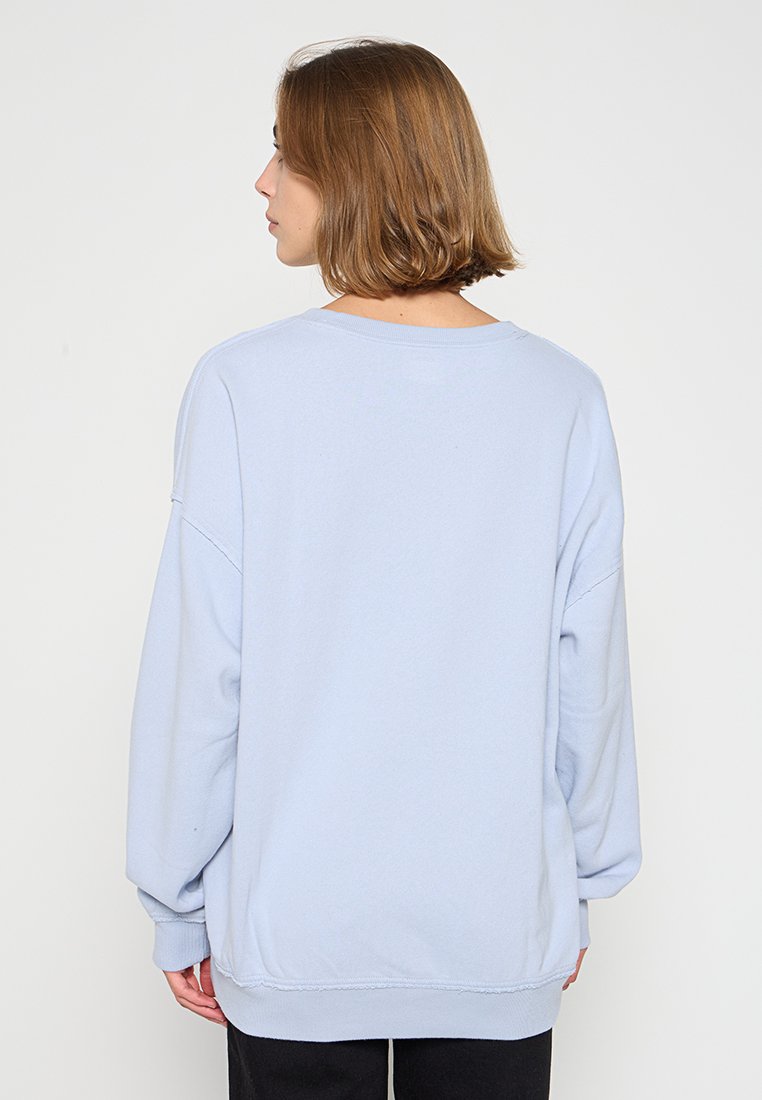 Hellblaues Sweatshirt mit entspannter Passform, überschnittenen Schultern, gerippten Bündchen und Saum. Weiches Baumwollmaterial, schlichtes Design, keine zusätzlichen Muster.