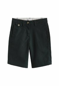 Mørkegrønne bomulds shorts med to forlommer, knaplukninger og lige snit. Har en linning med indvendig foring.