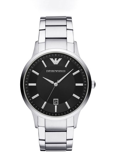 Montre-bracelet en métal argenté avec cadran noir, index horaires argentés, trois aiguilles, affichage de la date à 6 heures et logo Emporio Armani à 12 heures.