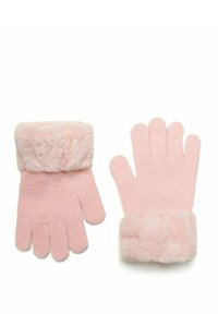 Gants roses avec un design en tricot texturé doux et un poignet en fourrure rose. Les gants sont à doigts, affichant une apparence confortable et chaleureuse.