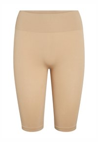 Pantalones cortos de bicicleta elásticos color beige con una cintura alta acanalada y piernas sin costuras, diseñados para comodidad y flexibilidad.