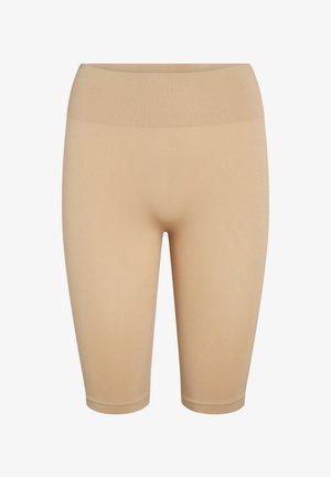 Beige raztegljivi kolesarski šorty z visokim rebrastim pasom in brezšivnimi nogami, zasnovani za udobje in fleksibilnost.