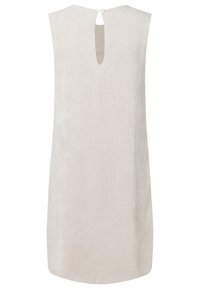 Ärmelloses, hellbeiges Oberteil aus geripptem Stoff. Verfügt über einen runden Ausschnitt und einen Schlüsselloch-Ausschnitt am Rücken mit einer Knopfverschluss.