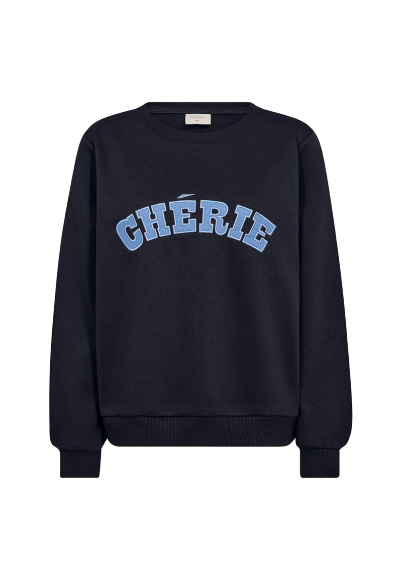 Marineblauwe sweatshirt met een ronde hals en geribde manchetten. Heeft "CHÉRIE" in lichtblauwe hoofdletters over de voorkant. 