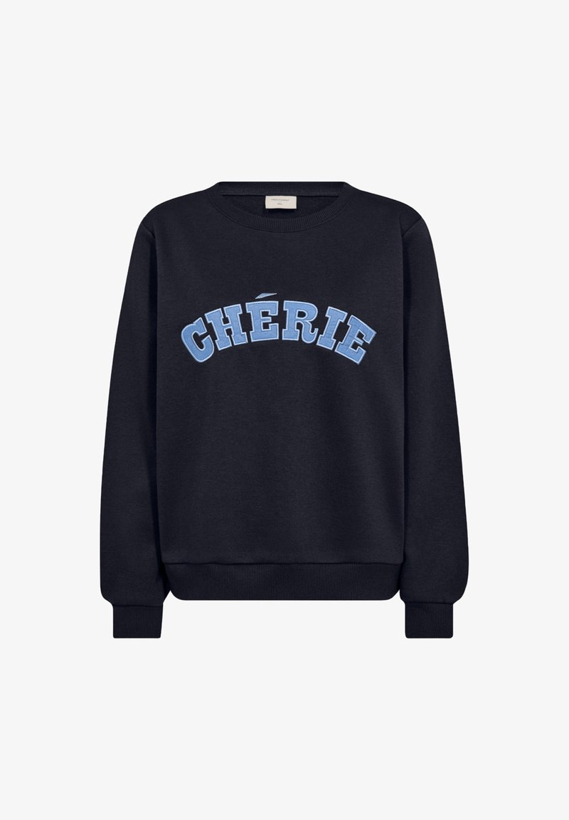 Marineblauwe sweatshirt met een ronde hals en geribde manchetten. Heeft "CHÉRIE" in lichtblauwe hoofdletters over de voorkant.