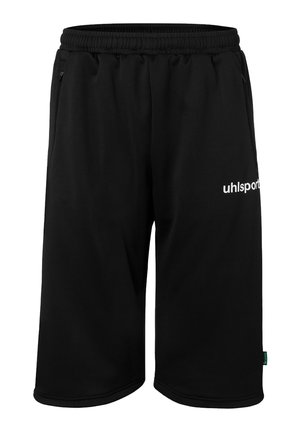 Zwarte sportshorts met elastische tailleband, zijritszakken en wit "uhlsport" logo op het rechterbeen.
