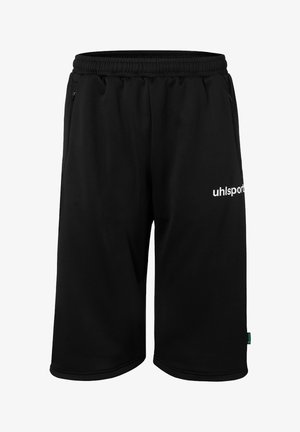 Shorts de sport noirs avec taille élastique, poches latérales zippées et logo "uhlsport" blanc sur la jambe droite.