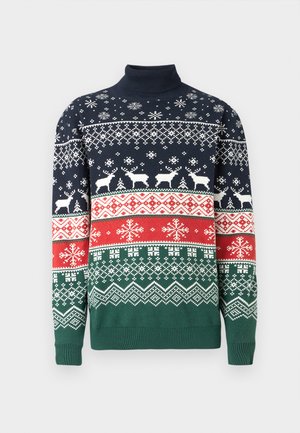 Adīta džemperis ar augstu apkakli, tumši zils fons, baltas sniegpārsliņas, sarkani un zaļi raksti, kā arī briežu motīvi visā džempera virsmā.