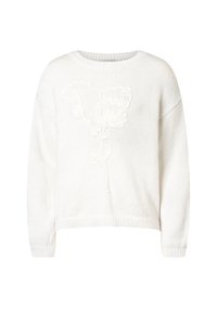Weißer, gestrickter Pullover mit langen Ärmeln, gerippte Bündchen und Saum, mit einem erhöhten Blumen- und abstrakten Design auf der Vorderseite.