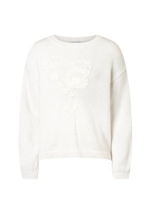 Weißer, gestrickter Pullover mit langen Ärmeln, gerippte Bündchen und Saum, mit einem erhöhten Blumen- und abstrakten Design auf der Vorderseite.