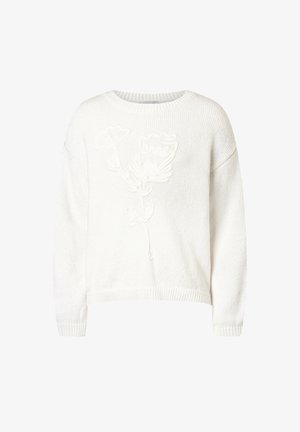 Weißer, gestrickter Pullover mit langen Ärmeln, gerippte Bündchen und Saum, mit einem erhöhten Blumen- und abstrakten Design auf der Vorderseite.