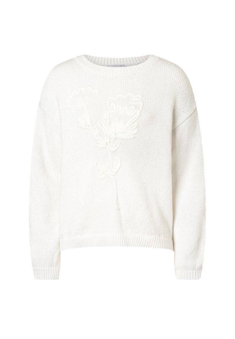 Weißer, gestrickter Pullover mit langen Ärmeln, gerippte Bündchen und Saum, mit einem erhöhten Blumen- und abstrakten Design auf der Vorderseite.