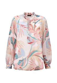 Langärmlige Bluse aus leichtem, strukturiertem Stoff mit einem pastelligen botanischen Druck, einem rüschierten Ausschnitt und elastischen Bündchen.