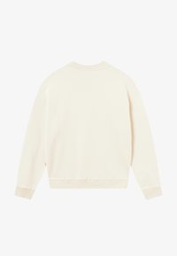 Sweat-shirt crème à manches longues, col rond, poignets et ourlet côtelés, vu de dos sur un fond uni.