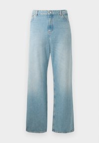 Svetlo modri široki jeans iz denima. Imajo visok pas, sprednje žepe in čist rob. Mehka tekstura z izbledelim koncem.