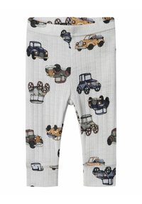 Kokvilnas legingi ar gaiši pelēku fona, uz kura attēloti karikatūriski, daudzkrāsaini retro automobiļi dažādās orientācijās un izmēros.