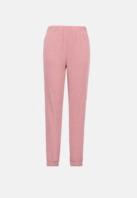 Pantalon en velours côtelé rose doux avec taille élastique et poignets aux chevilles, coupe droite, présenté sur un fond gris clair uni.
