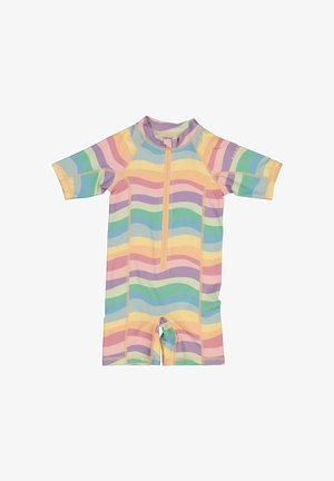 Bunter Rash Guard mit kurzen Ärmeln, der pastellfarbene, wellenförmige Streifen in Gelb, Pink, Grün und Lila aufweist und einen Reißverschluss auf der Vorderseite hat.