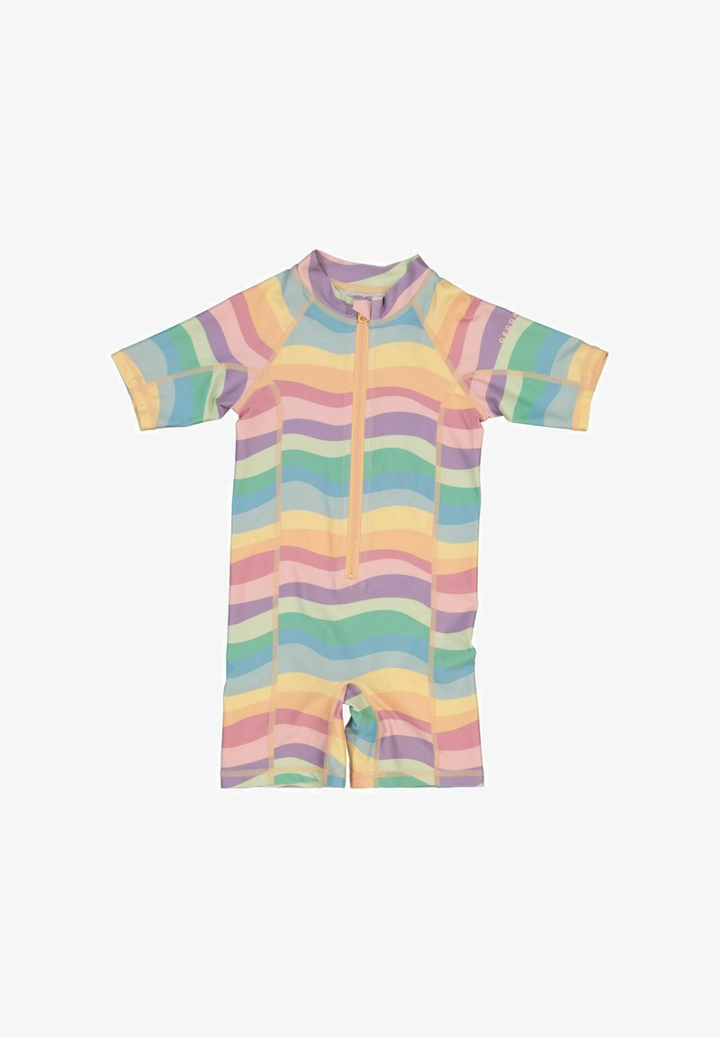 Värikäs rash guard lyhyillä hihoilla, jossa on vaalean väriset aaltoilevat raidat keltaisena, vaaleanpunaisena, vihreänä ja purppurana, sekä edessä vetoketjukiinnitys.