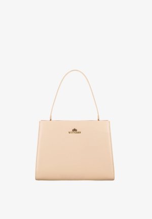Beige kožená kabelka se strukturovaným designem, jediným horním uchem a zlatým logem na přední straně. Hladká textura, žádné viditelné vzory.