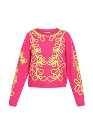 Pull fuchsia avec broderie jaune, présentant des motifs en boucle. Conçu avec un col rond et des manches longues, fabriqué à partir d'un matériau textile doux.