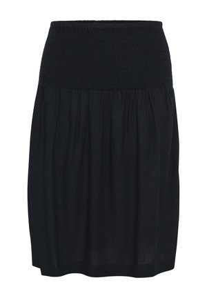 Black knee-length skirt with a smocked waistband, soft texture, and gathered fabric for a flowing silhouette. No additional embellishments.