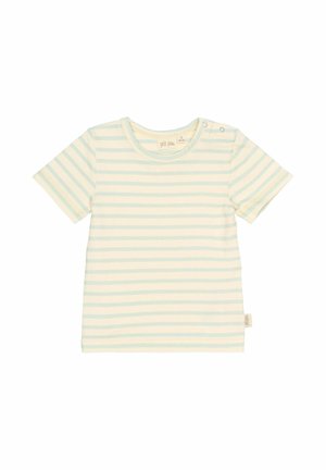 Gestreept T-shirt met korte mouwen in lichtblauw en romig, voorzien van een ronde hals en sluiting met drukknoop op de schouder. Zachte katoenstof met een gladde textuur.