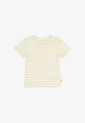 Gestreept T-shirt met korte mouwen in lichtblauw en romig, voorzien van een ronde hals en sluiting met drukknoop op de schouder. Zachte katoenstof met een gladde textuur.