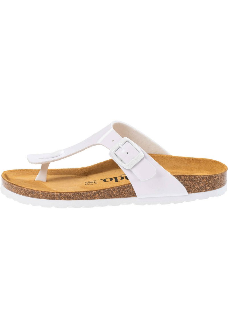 Hvide flip-flop sandaler med en tåpost, justerbar spænde, kork sål og tekstureret gummisål. Glat overflade og polstret indersål.