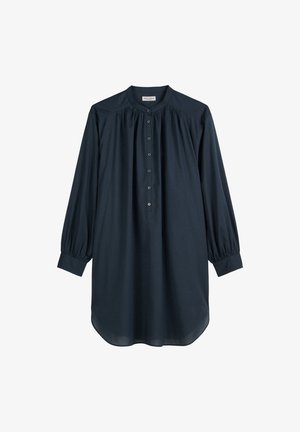 Chemise bleu marine à boutonner avec des manches longues et froncées, et un col rond. Tissu doux avec une coupe décontractée, comportant une patte de boutonnage à l'avant et un ourlet arrondi.