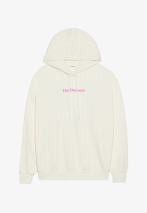 Cremfarbener Hoodie mit Kordelzug, versehen mit pinkem "Day Dreamer"-Text auf der Vorderseite. Weicher Stoff, gerippte Bündchen und Saum. Reguläre Passform.