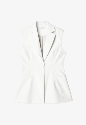 Blazer sans manches blanc au design ajusté, avec revers en pointe, fermeture à un bouton et deux poches avant ; texture lisse et aspect sur mesure.