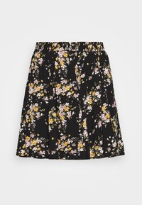 Jupe noire à fleurs avec taille élastique froncée, motifs de fleurs jaunes et roses, design plissé et longueur jusqu'au genou.