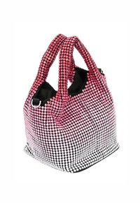 Tote bag bezaaid met kristallen, met een roze naar witte gradient. Voorzien van twee stevige handvatten en een zwarte binnenkant, met een gestructureerd, glinsterend oppervlak.