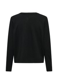 Schwarzer Pullover mit langen Ärmeln, geripptem Rundhalsausschnitt und Saum, aus einem glatten Strickstoff gefertigt. Rückansicht, die ein schlichtes Design ohne Verzierungen zeigt.