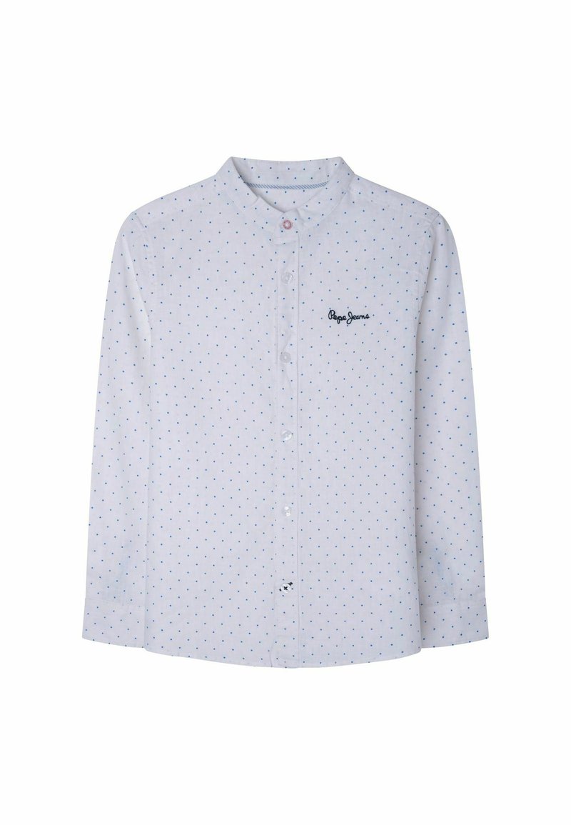 Chemise blanche à manches longues avec des petits pois bleus et le logo "Pepe Jeans" brodé sur la poitrine gauche.