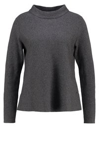 Pull-over long à manches longues gris foncé avec un col haut et décontracté. Il présente une texture douce et une coupe lâche. Pas de motifs ou accents notables.
