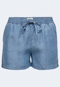 Blå denimshorts med elastisk midja, justerbar dragsko och avslappnad passform. Slät textur, fållade kanter och inga synliga fickor.