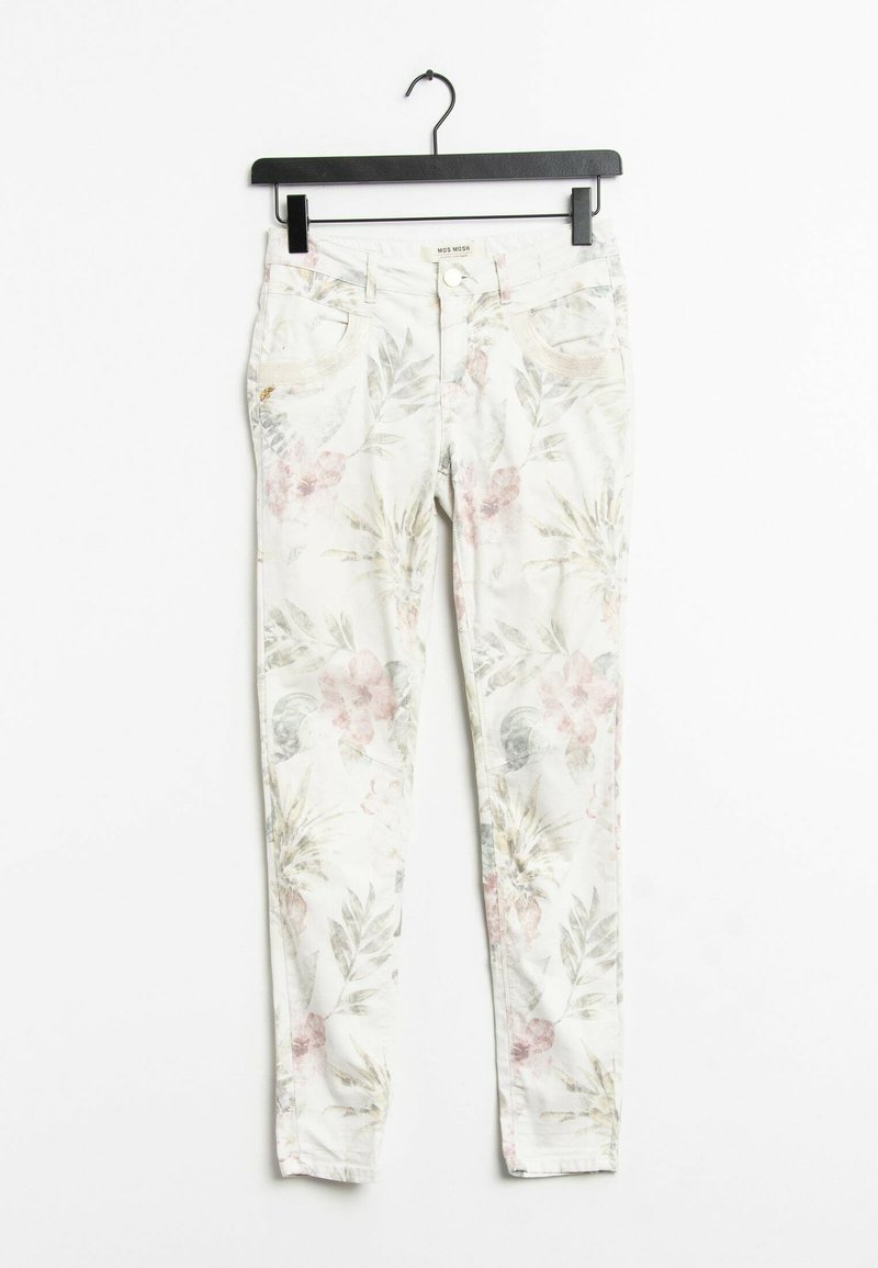 Blommiga skinny jeans med en ljus bakgrund som har rosa och gröna blad. Tillverkade av denim, de har framfickor och bälteshällor.