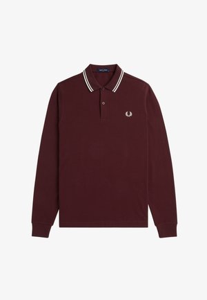 Polo a maniche lunghe di colore bordeaux scuro con colletto a doppia riga bianca e piccolo logo di alloro bianco sul petto sinistro.