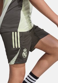 Donkergroene sportshorts met lichtgroene accenten en drie strepen. Heeft een logo aan de zoom en een mesh structuur voor ademend vermogen.