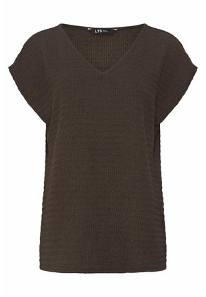 Donkerbruine, korte mouwen gebreide top met V-hals en gestructureerd patroon, losse pasvorm en een klein merklabel aan de binnenkant van de kraag.