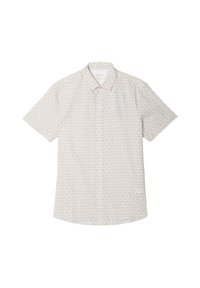 Korte mouwen shirt in lichtbeige met een geometrisch patroon. Knop-down kraag, zachte stof en afgeronde zoom. Casual ontwerp.