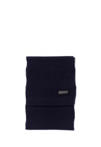 Navyblauwe gebreide nekwarmer met ribbeltextuur en horizontale strepen. Bevat een klein zwart label met de merknaam "GOSOAKY."