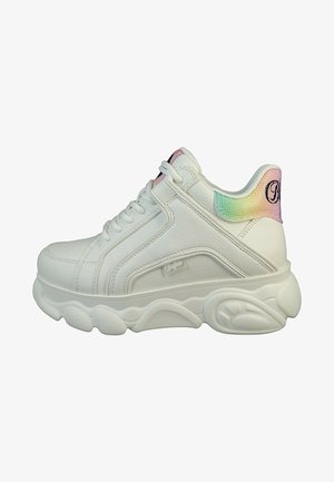 White leather sneaker with a chunky sole, lace-up closure, and colorful gradient mesh accents at the heel. Classic design with detailed stitching.