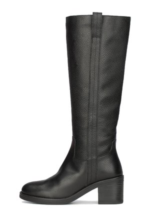 Zwarte leren kniehoge laars met een gestructureerde afwerking, blokhak, details aan de zijnaad en een ronde neus. Klassiek ontwerp dat geschikt is voor verschillende outfits.