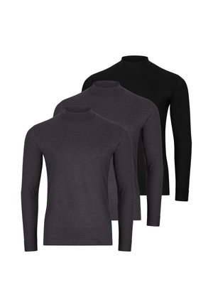 Drei langärmelige Herren-Rollkragenpullover in Schwarz und Dunkelgrau, überlappend auf weißem Hintergrund angeordnet.