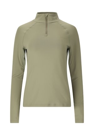 Olijfgroene top met lange mouwen, een hoge kraag en een rits aan de voorkant, gemaakt van gladde stof met een getailleerde pasvorm.