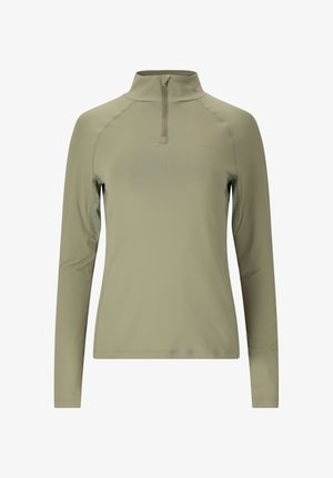 Olijfgroene top met lange mouwen, een hoge kraag en een rits aan de voorkant, gemaakt van gladde stof met een getailleerde pasvorm.